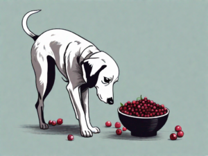 A curious dog sniffing a bowl filled with lingonberries