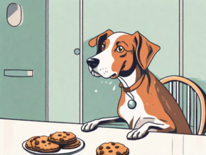 A curious dog looking at a plate of lorna doone cookies on a table