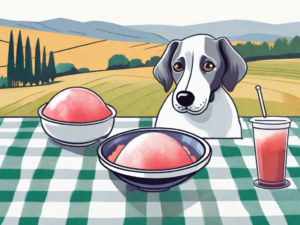 A curious dog looking at a bowl of colorful italian ice