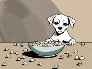 A curious dog sitting in front of a bowl of macadamia nuts