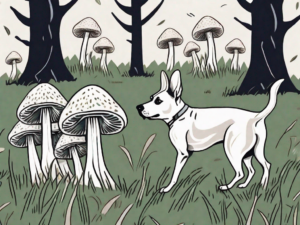 A curious dog sniffing a bunch of maitake mushrooms on a grassy field