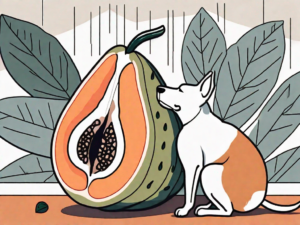 A curious dog sitting in front of a cut open mamey fruit