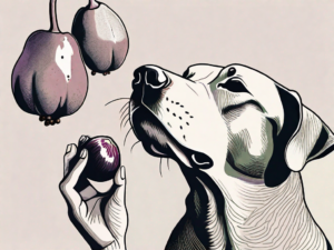 A curious dog sniffing a whole and halved mangosteen fruit