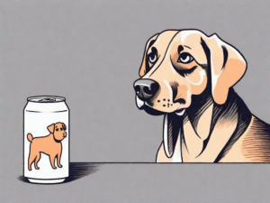 A curious dog looking at a can of manwich with a questioning expression