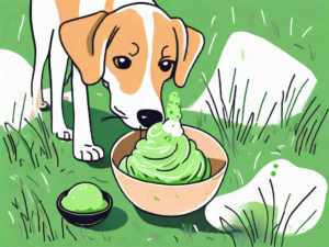 A curious dog sniffing a bowl of matcha ice cream placed on a grassy lawn