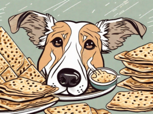 A dog curiously sniffing a pile of matzo on a plate