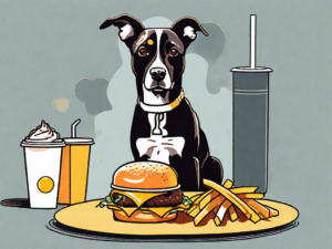 A curious dog sitting in front of a mcdonald's breakfast meal