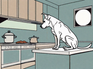 A curious dog looking longingly at a piece of meat on a kitchen counter that has been left out overnight