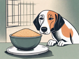 A curious dog sitting next to a bowl of mexican rice