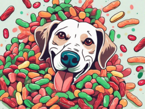 A curious dog looking at a scattered pile of mike and ikes candies