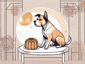 A curious dog sitting in front of a mooncake