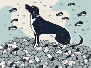 A curious dog sniffing at a pile of mussel shells