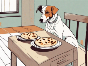 A curious dog sitting next to a plate of naan bread