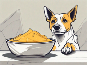 A curious dog sitting next to a bowl of nacho cheese