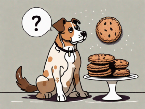 A curious dog sitting next to a plate of oatmeal creme pies