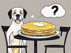 A curious dog sitting next to a plate with an omelette on it