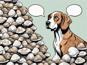 A curious dog sniffing a pile of oyster shells