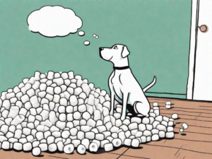 A curious dog sniffing at a pile of packing peanuts