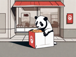 A curious dog sitting in front of a panda express takeout box