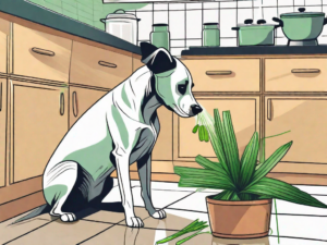 A curious dog sniffing a pandan leaf in a domestic kitchen setting