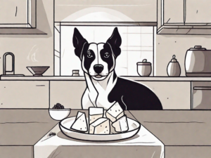 A curious dog sitting in front of a plate of paneer