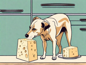 A curious dog sniffing a block of parmesan cheese on a kitchen table