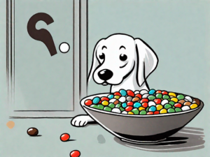 A curious dog looking at a bowl of peanut m&ms