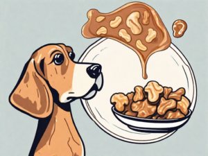 A curious dog looking at a piece of peanut brittle on a plate