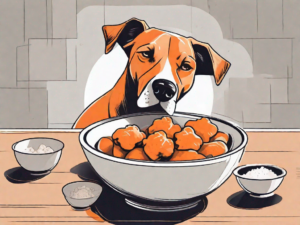 A curious dog sitting in front of a bowl of orange chicken