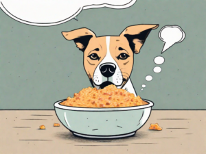 A curious dog sitting in front of a bowl filled with pimento cheese