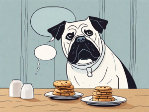 A dog sitting in front of a plate with pillsbury biscuits