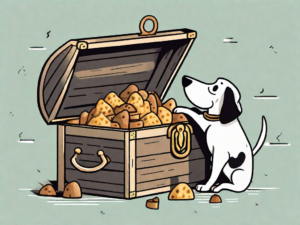 A curious dog sniffing a treasure chest filled with pirate's booty snacks