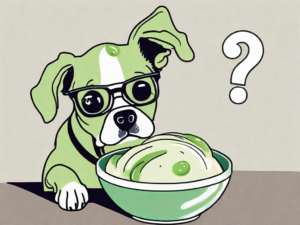 A curious dog looking at a bowl of pistachio ice cream with a question mark above its head