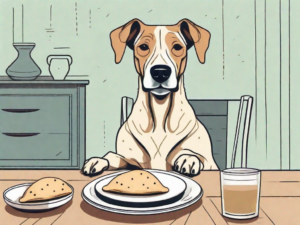 A curious dog sitting at a table with a piece of pita bread on a plate