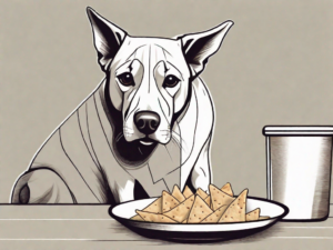 A curious dog sitting in front of a bowl of pita chips