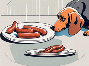 A curious dog sitting and looking at a piece of polish sausage on a plate