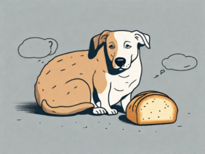 A curious dog sitting next to a loaf of potato bread on a kitchen table