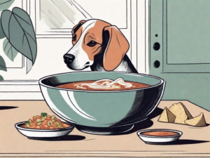 A curious dog sitting near a bowl of pozole