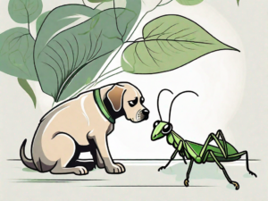 A curious dog sniffing a praying mantis on a leaf