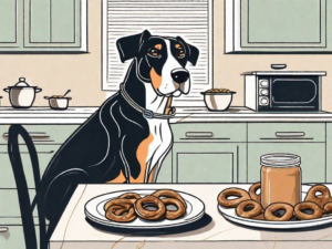 A curious dog looking at a plate with pretzels and a small bowl of peanut butter on a kitchen table