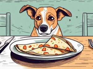 A curious dog looking at a quesadilla on a plate