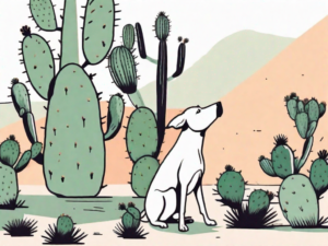 A curious dog sniffing at a prickly pear cactus