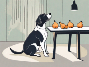 A curious dog sniffing a quince fruit on a table