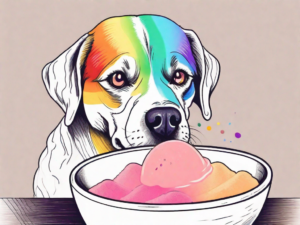 A curious dog looking at a bowl of rainbow sherbet with a questioning expression