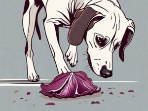 A curious dog sniffing at a piece of radicchio on the ground