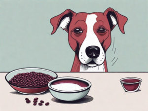 A curious dog looking at a bowl filled with red bean paste