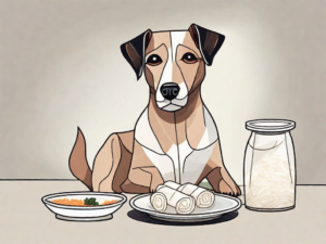 A curious dog sitting next to a table with a plate of rice paper rolls on it