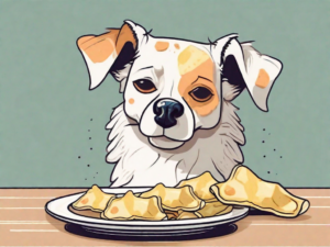 A curious dog sitting next to a plate of ravioli