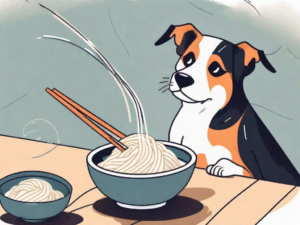 A playful dog sitting next to a bowl of rice noodles