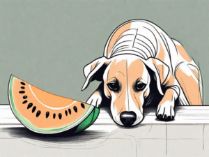 A curious dog sniffing a slice of rockmelon on a table